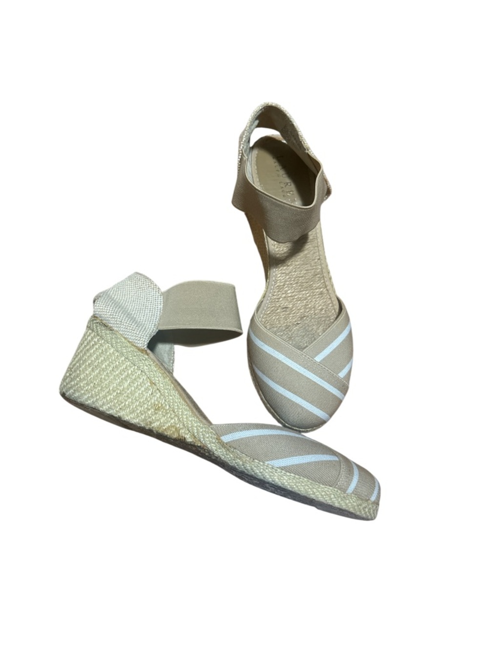 Lauren Ralph Lauren Charla Espadrille Wedge Sandals Beige White Striped 8.5B